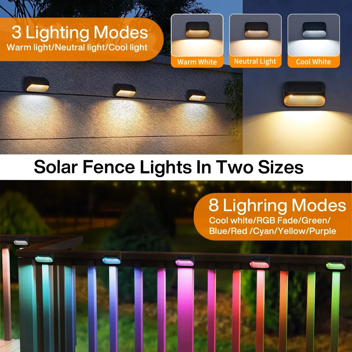 Solar Wall Fence Lights With Warm White RGB Outdoor Modes