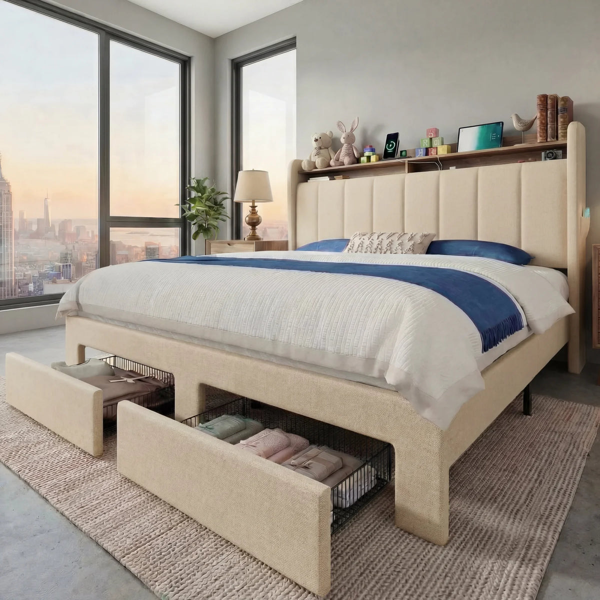 HOOMIC Storage Bed Frame With LED Lights And Charging Station