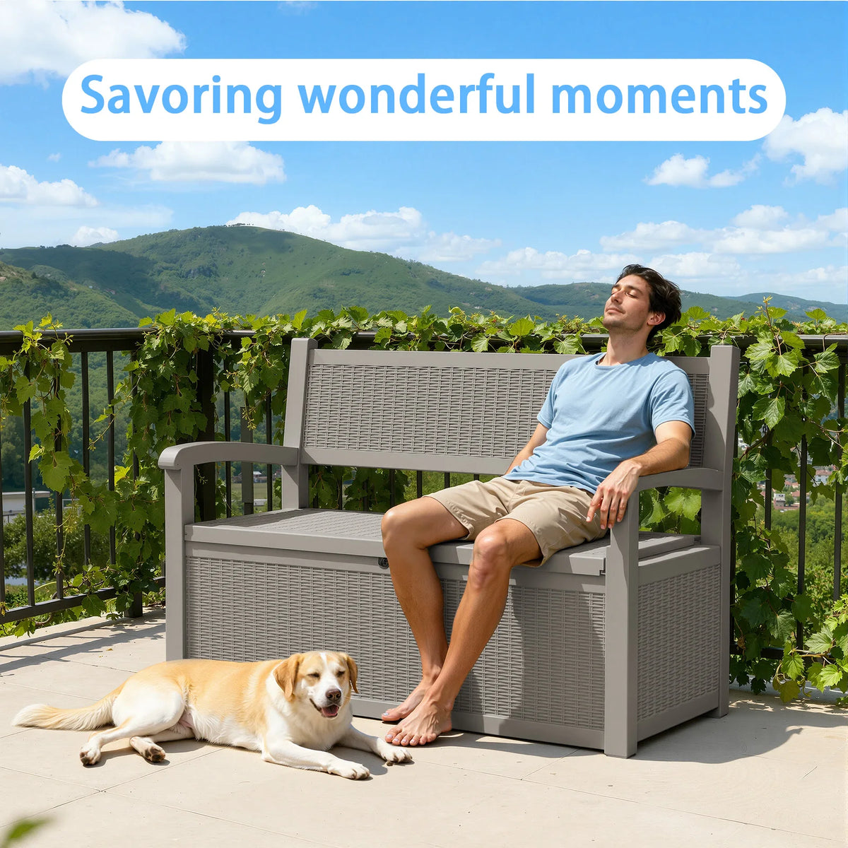 Outdoor Rattan Look Storage Bench with Weatherproof Resin Patio Design