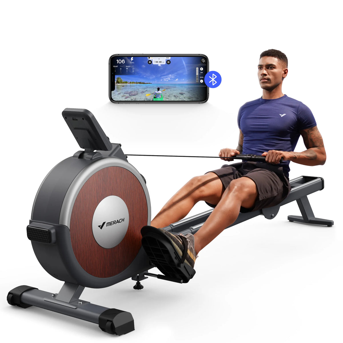 Merach Magnetic Rowing Machine Quiet Bluetooth Dual Rail Fitness