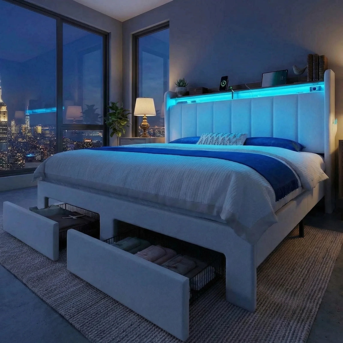 HOOMIC Storage Bed Frame With LED Lights And Charging Station