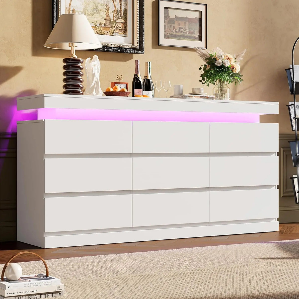 Acekool Nine Drawer Dresser With LED Lights And Charging Station