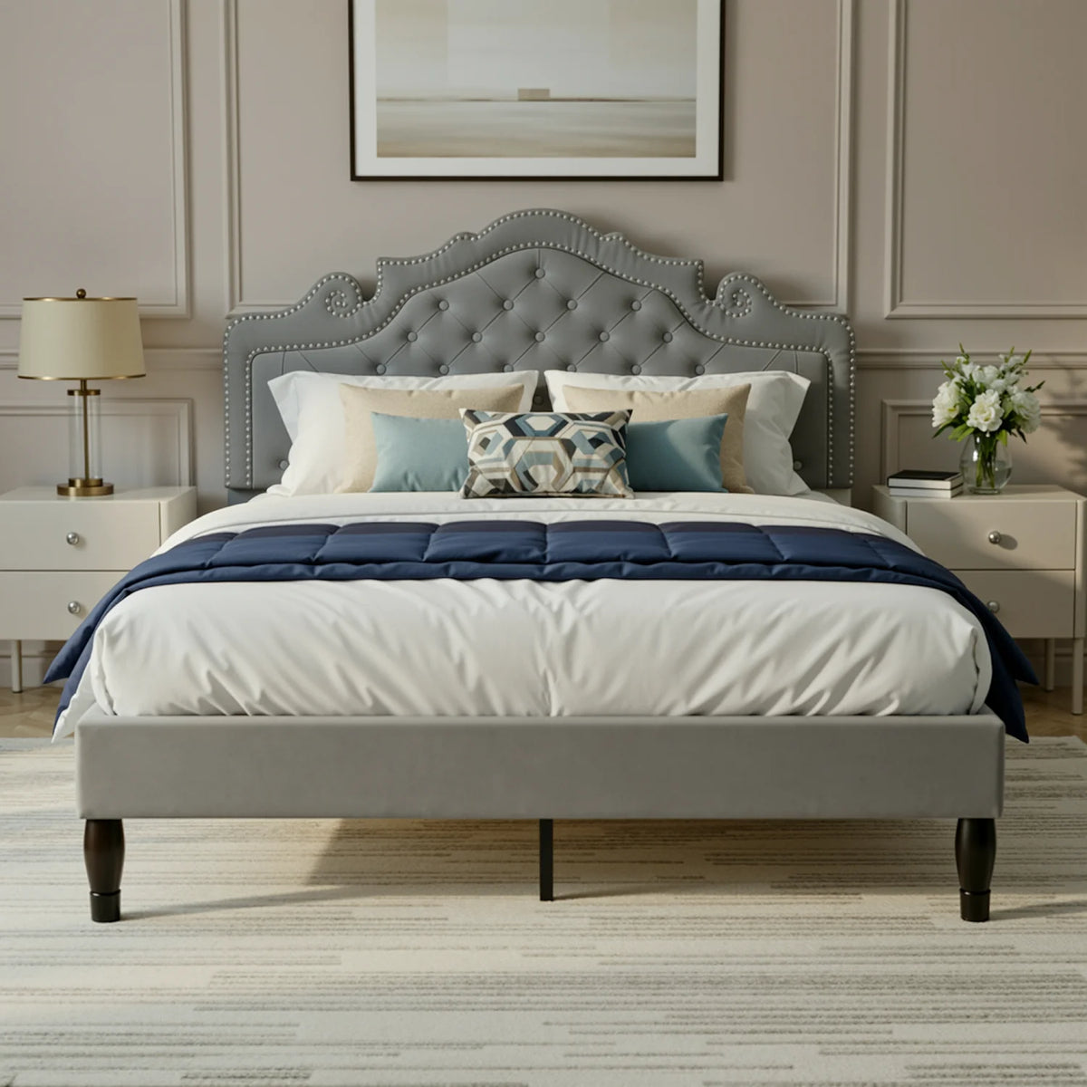 HOOMIC Velvet Platform Bed With Adjustable Diamond Tufted Tiara Headboard