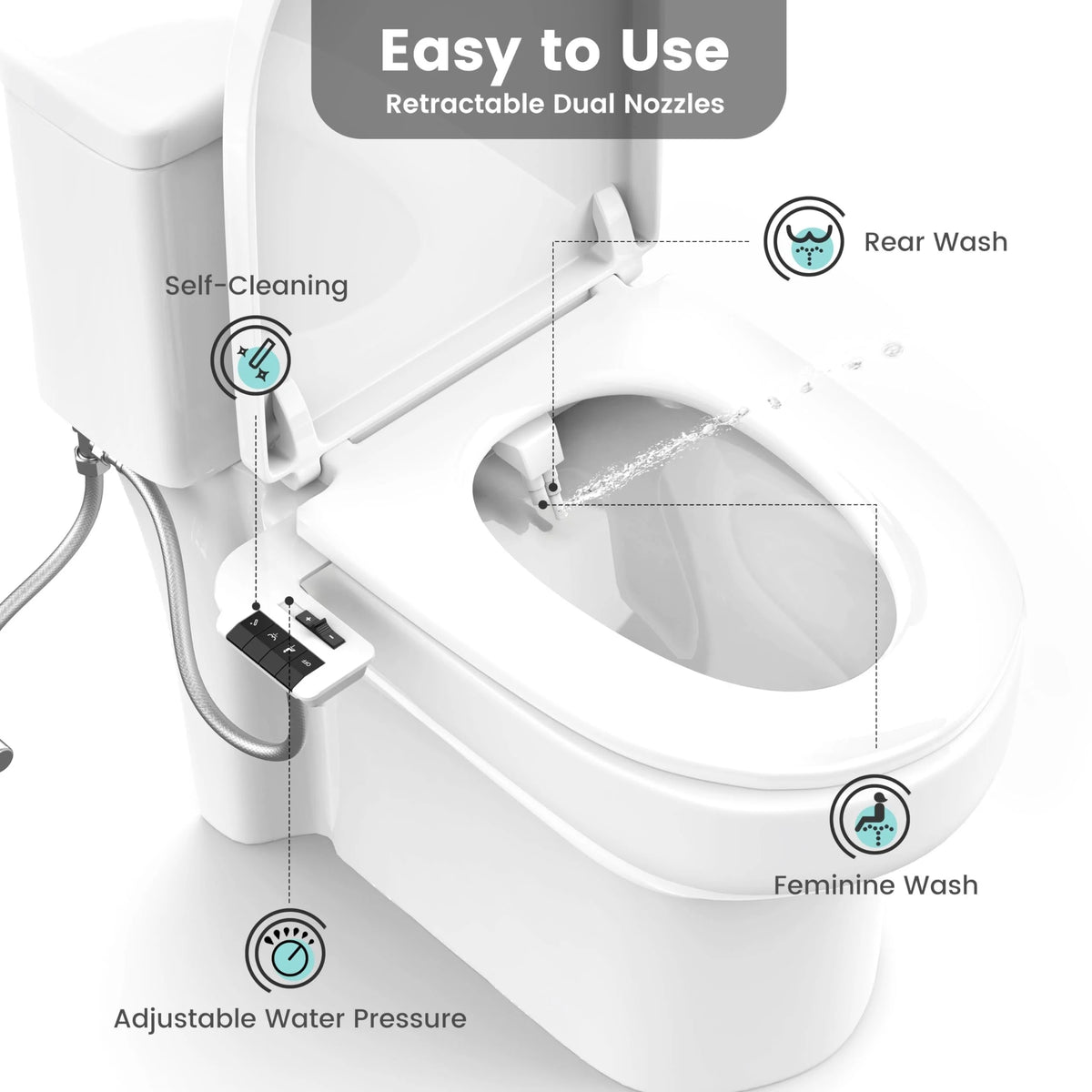 Bidet Attachment for Toilet With Dual Nozzles and Adjustable Pressure