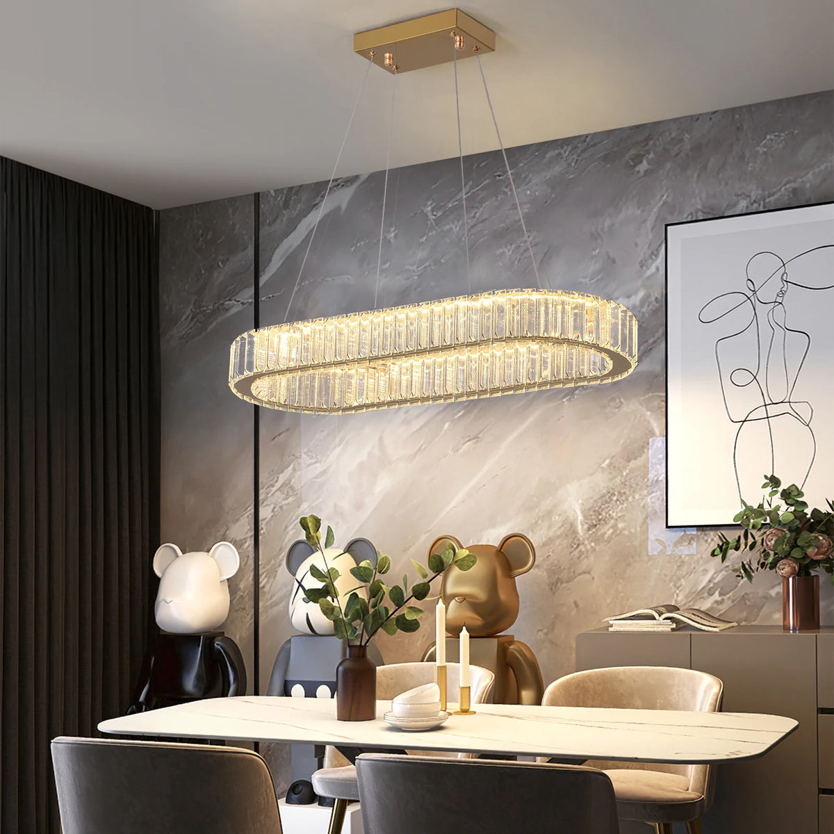 VETRULUS Modern Oval Crystal LED Pendant Chandelier Ceiling Light