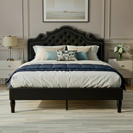 HOOMIC Velvet Platform Bed With Adjustable Diamond Tufted Tiara Headboard
