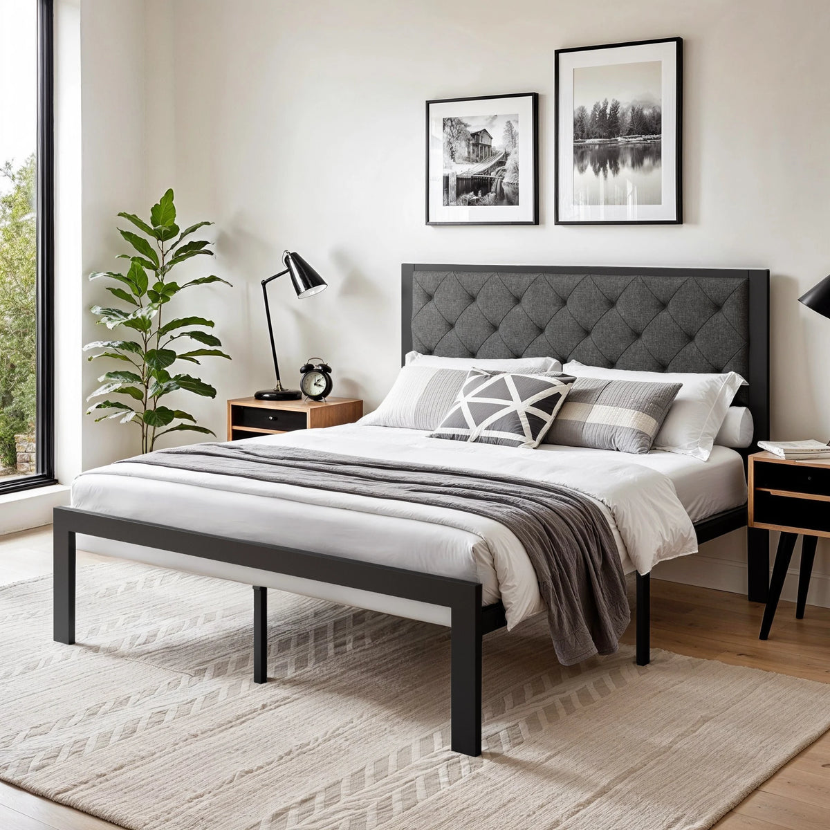 HOOMIC Metal Bed Frame With Upholstered Headboard And Sturdy Support