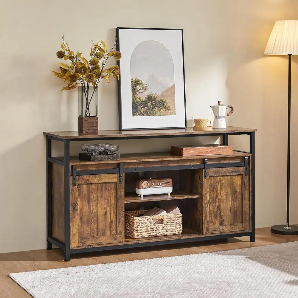 Farmhouse TV Stand With Storage And Sliding Barn Doors