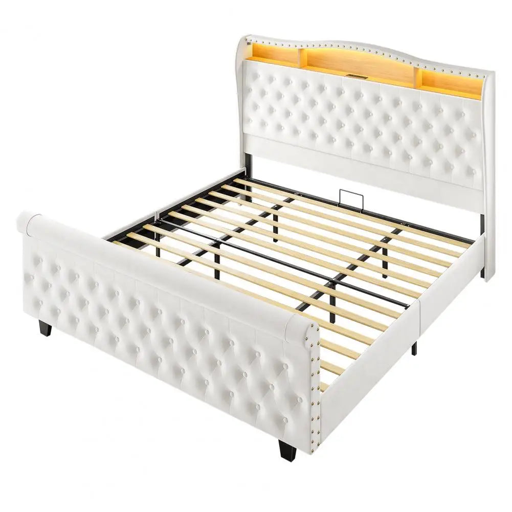 Velvet Upholstered Bed Frame With LED Lights Charging And Storage