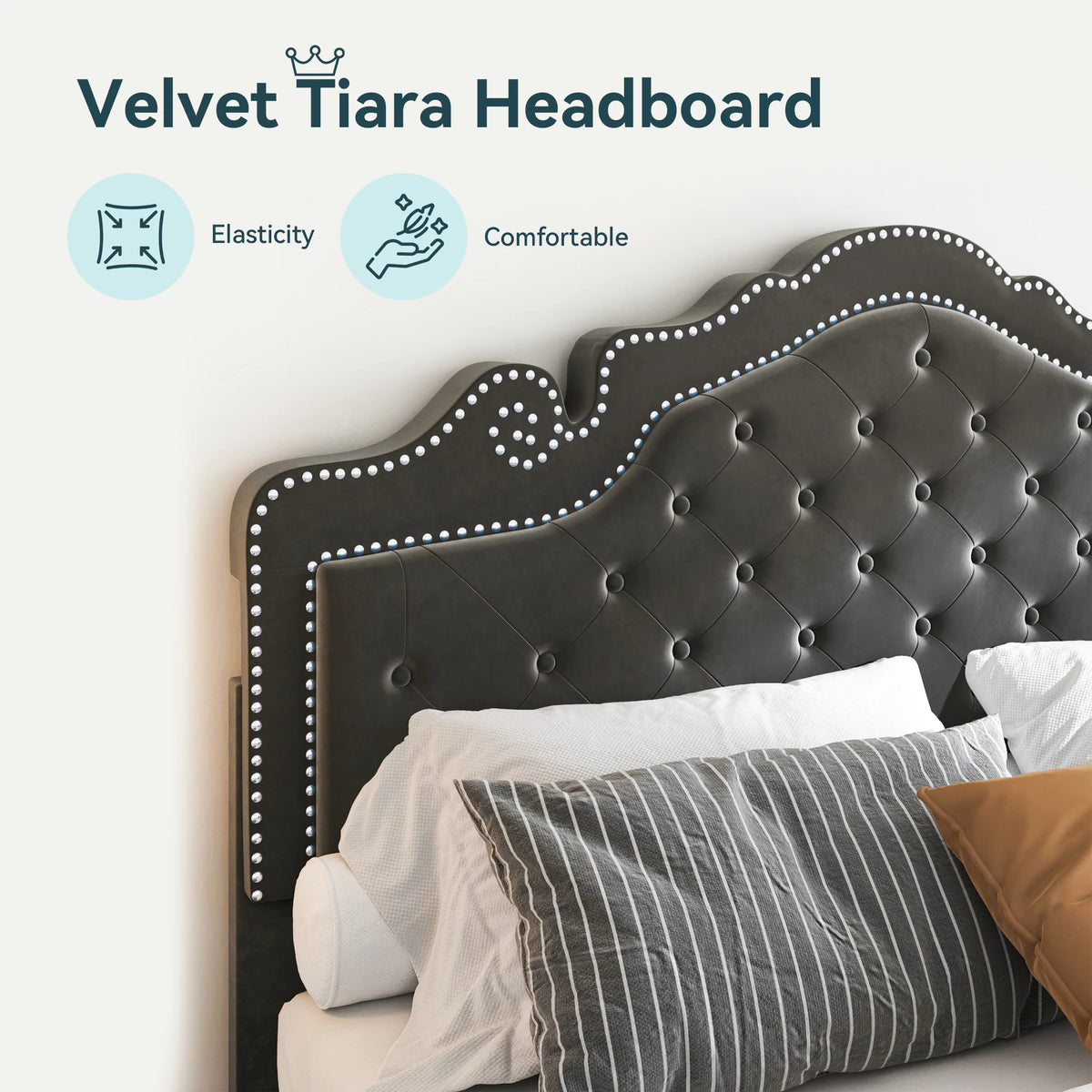 HOOMIC Velvet Platform Bed With Adjustable Diamond Tufted Tiara Headboard