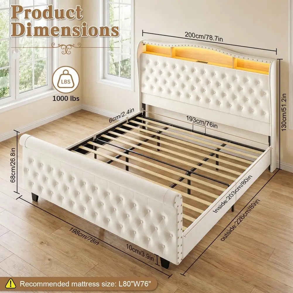 Velvet Upholstered Bed Frame With LED Lights Charging And Storage