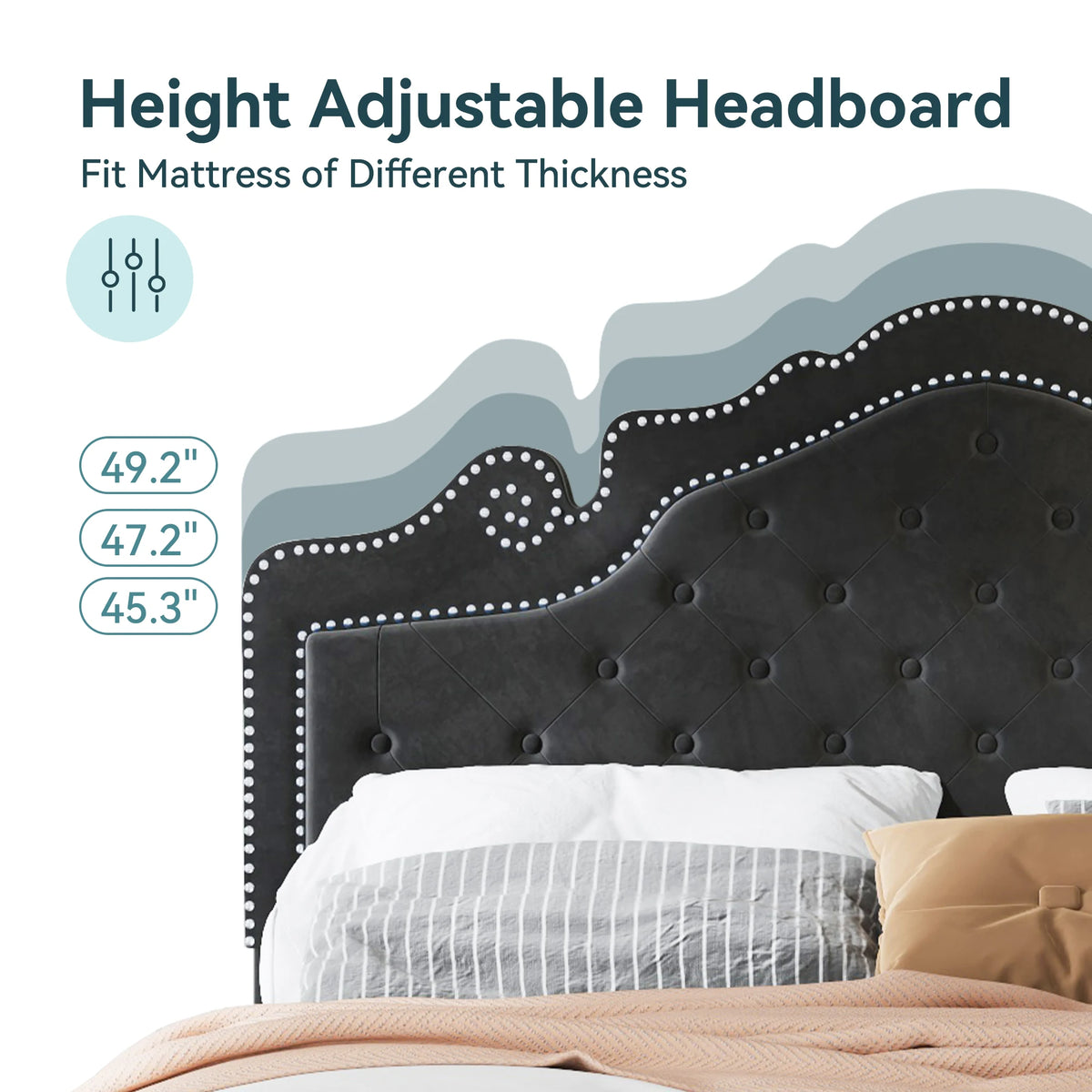 HOOMIC Velvet Platform Bed With Adjustable Diamond Tufted Tiara Headboard