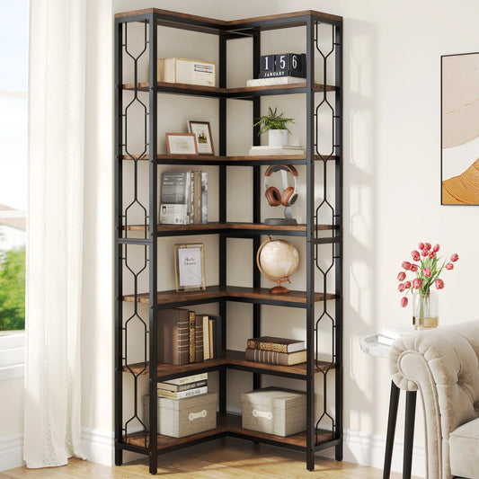 Tribesigns Industrial Corner Bookshelf With Seven Tier Freestanding Display Shelves