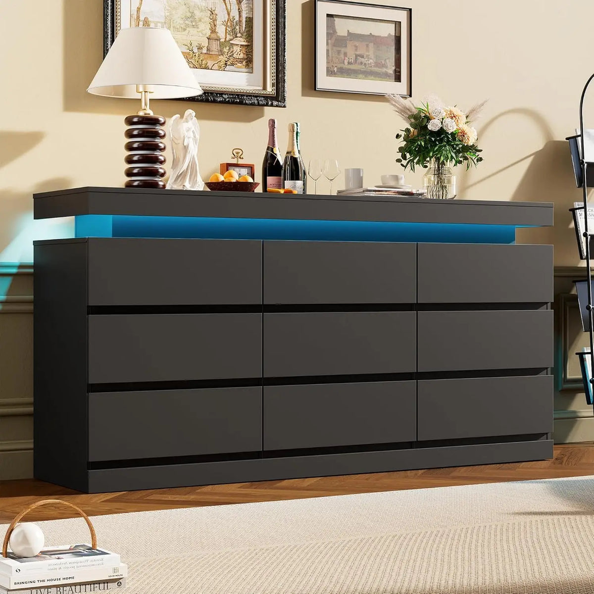 Acekool Nine Drawer Dresser With LED Lights And Charging Station