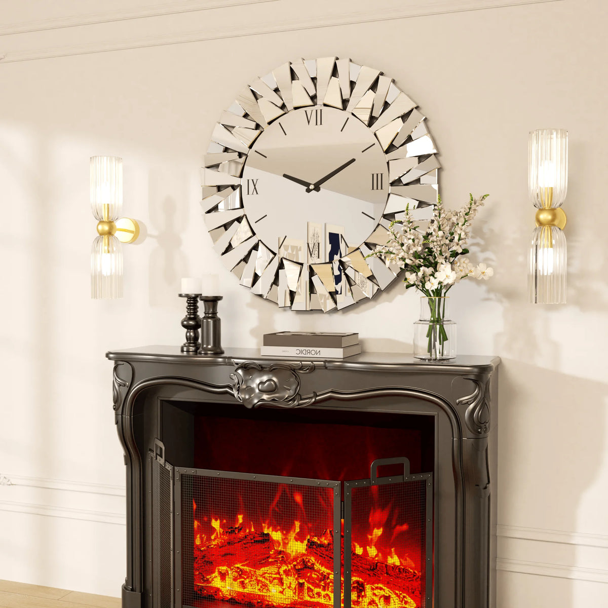 3D Mirrored Sunburst Wall Clock With Roman Numeral Design