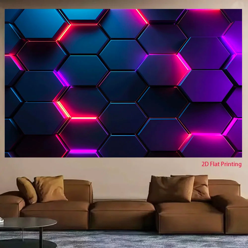Neon Hexagon Geometric Wall Tapestry Futuristic Gaming Room Decor