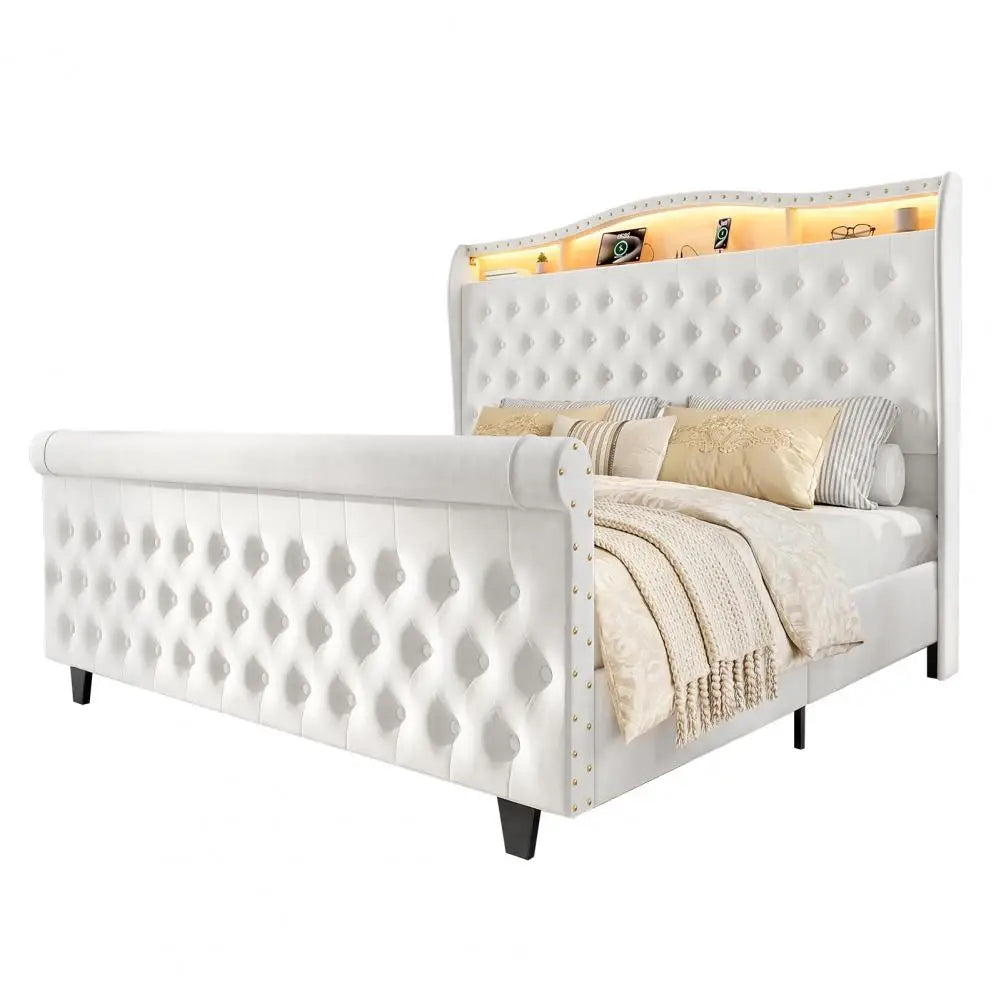 Velvet Upholstered Bed Frame With LED Lights Charging And Storage
