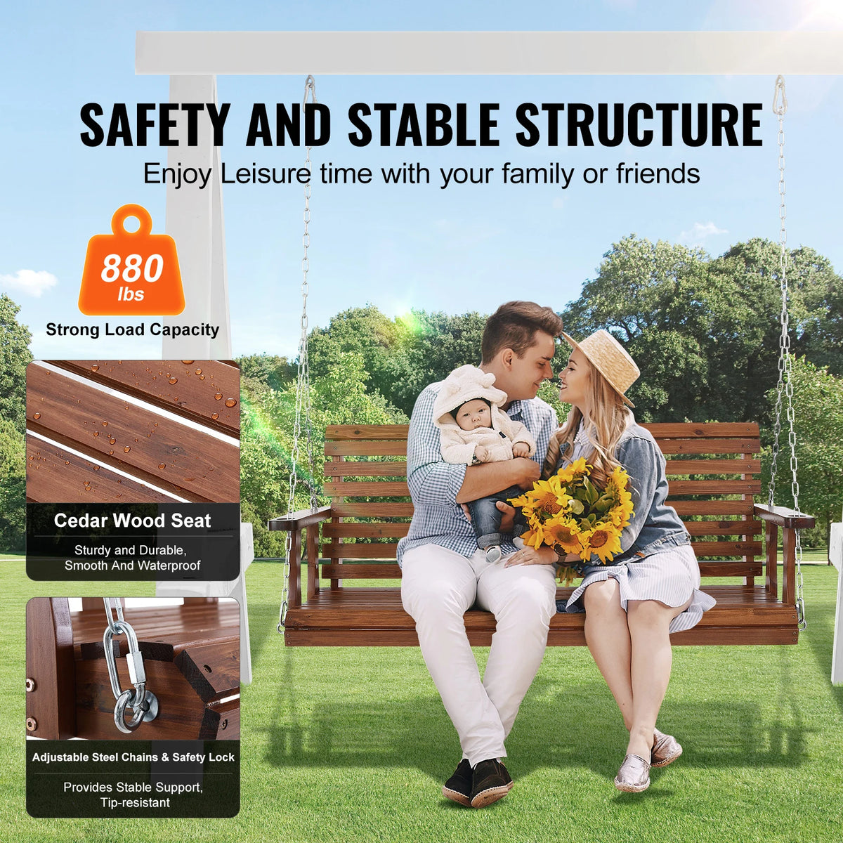 SucceBuy Outdoor Cedar Porch Swing Bench With 880 Pound Capacity