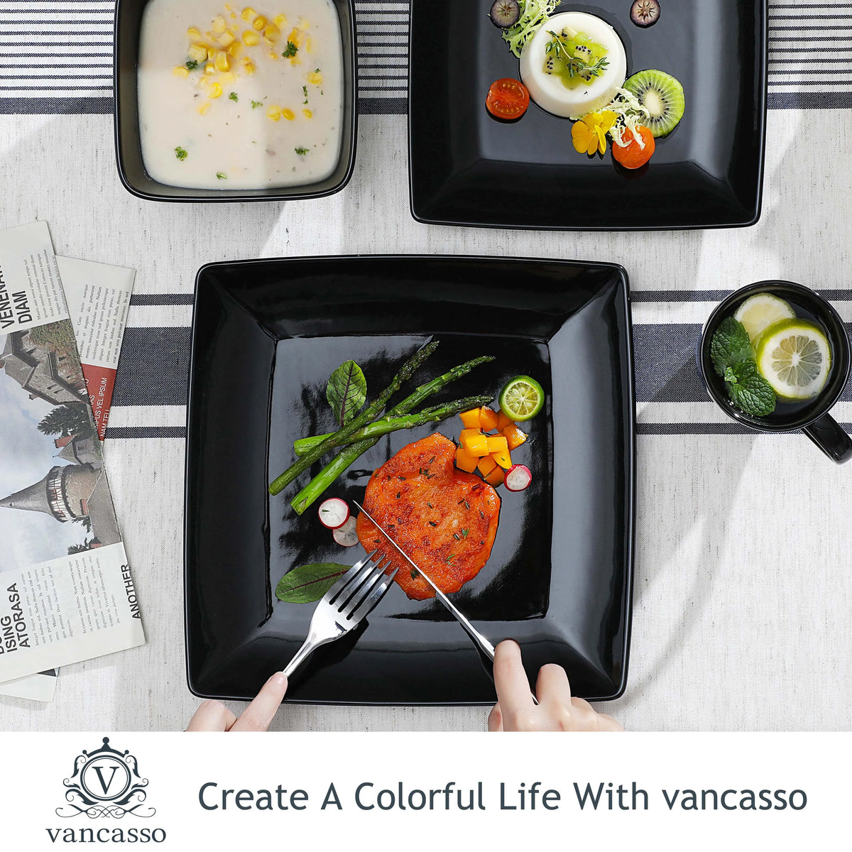 Vancasso Porcelain Square Dinnerware Set With Plates Bowls And Mugs