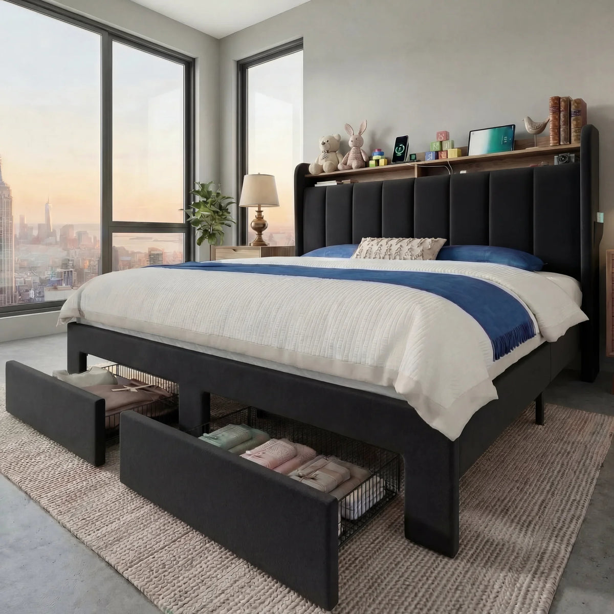 HOOMIC Storage Bed Frame With LED Lights And Charging Station