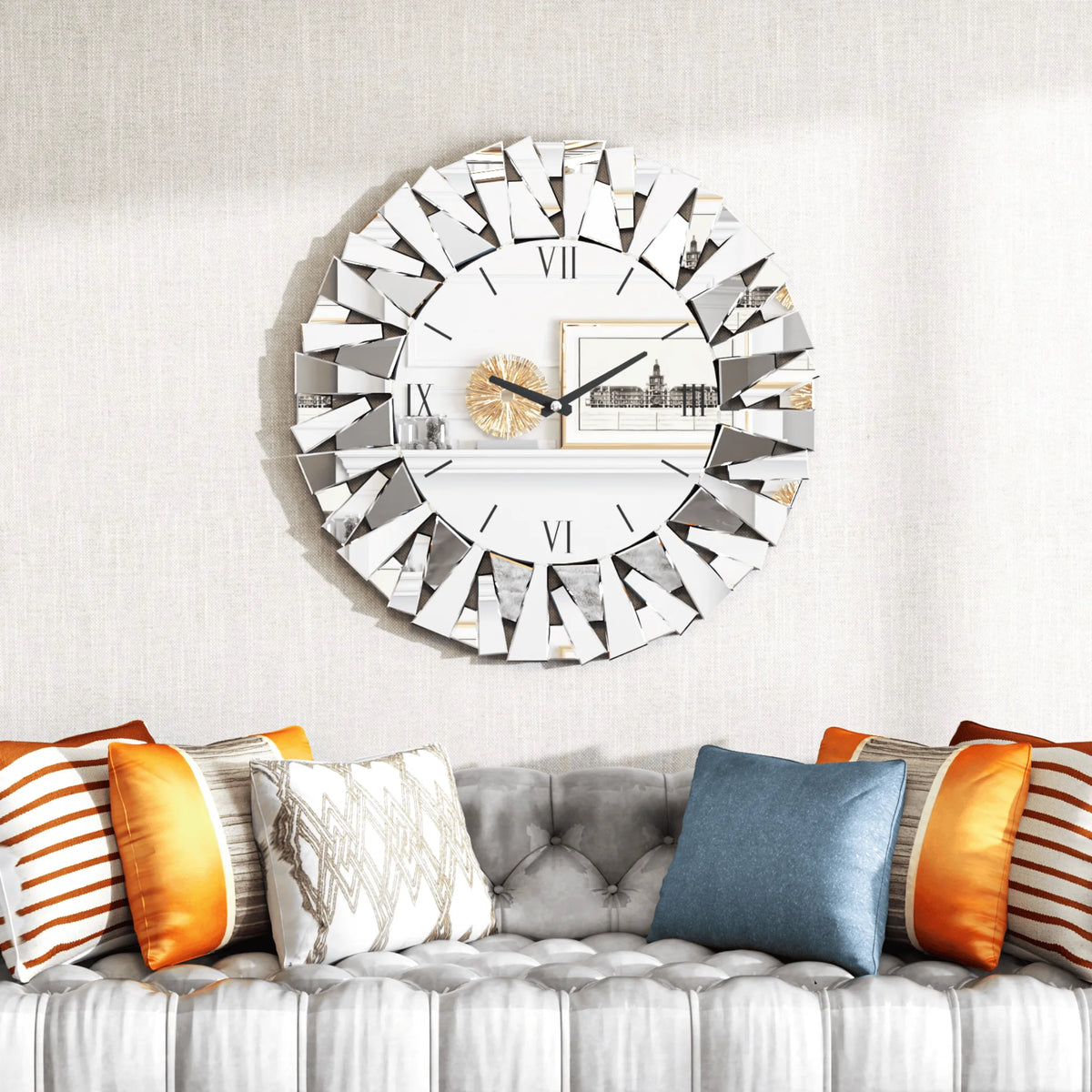 3D Mirrored Sunburst Wall Clock With Roman Numeral Design
