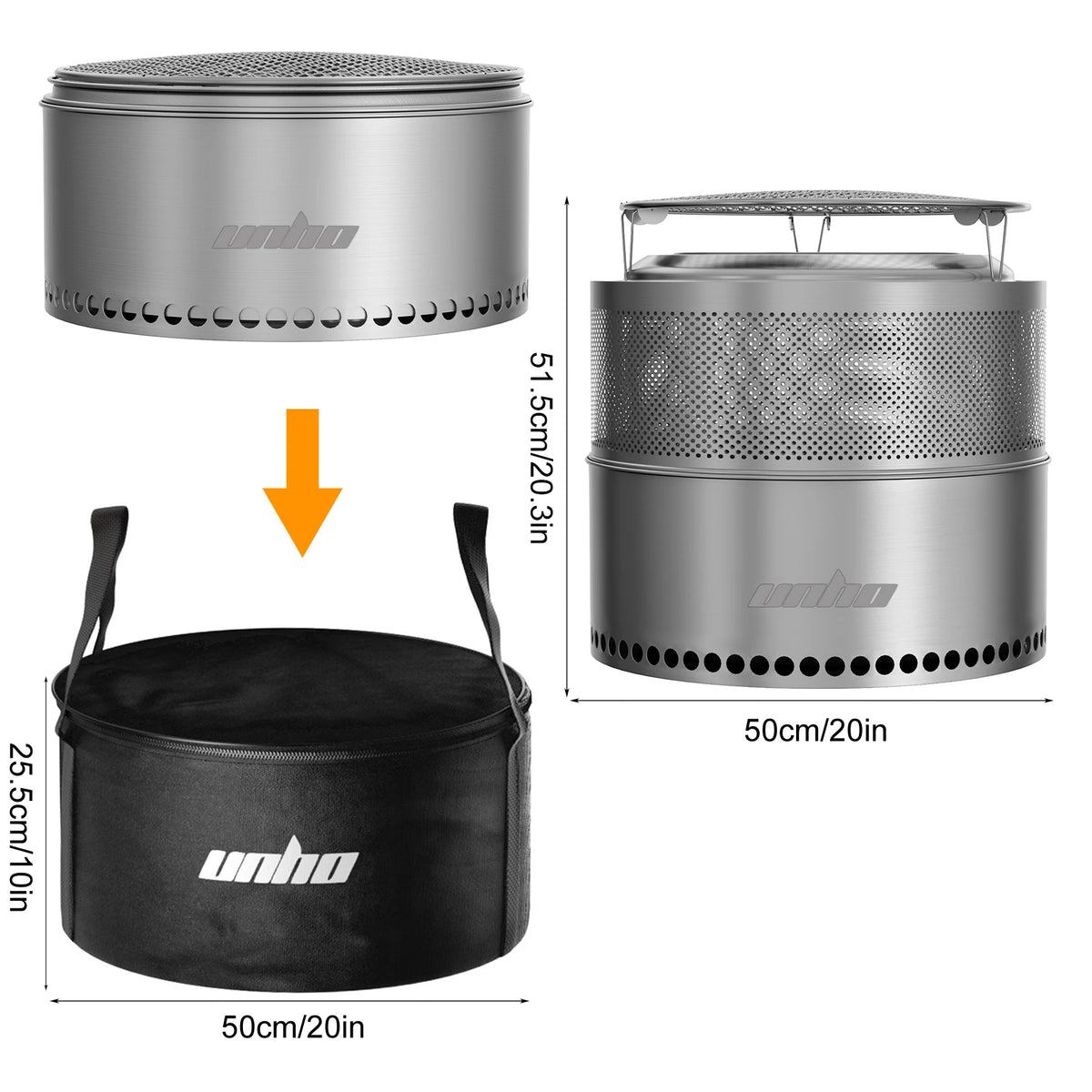 Unho Portable Smokeless Fire Pit Stainless Steel Outdoor Stove