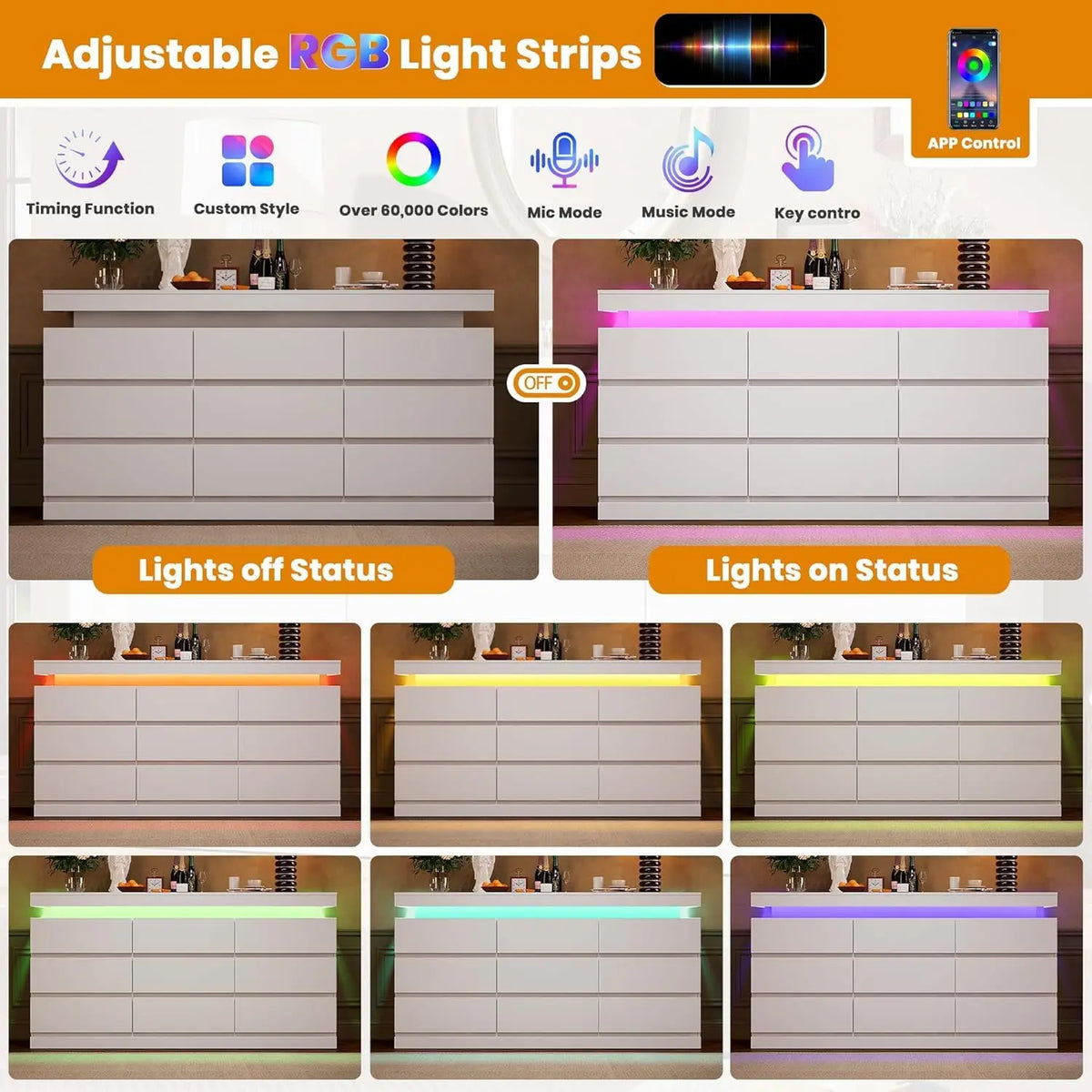 Acekool Nine Drawer Dresser With LED Lights And Charging Station