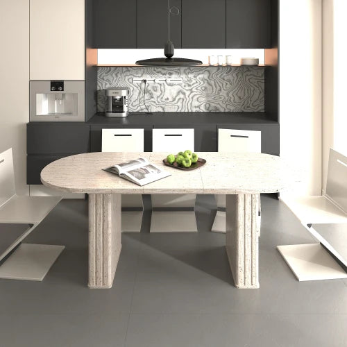 Modern Extendable Oval Dining Table With Wooden Strip Base