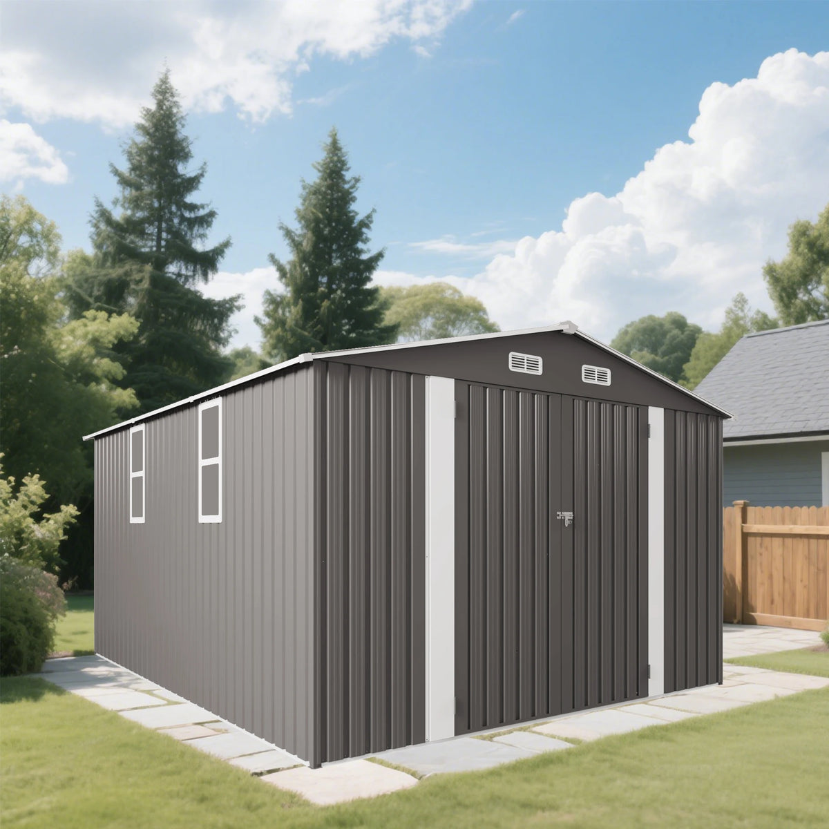 SUSUA Metal Outdoor Storage Shed With Double Doors And Windows
