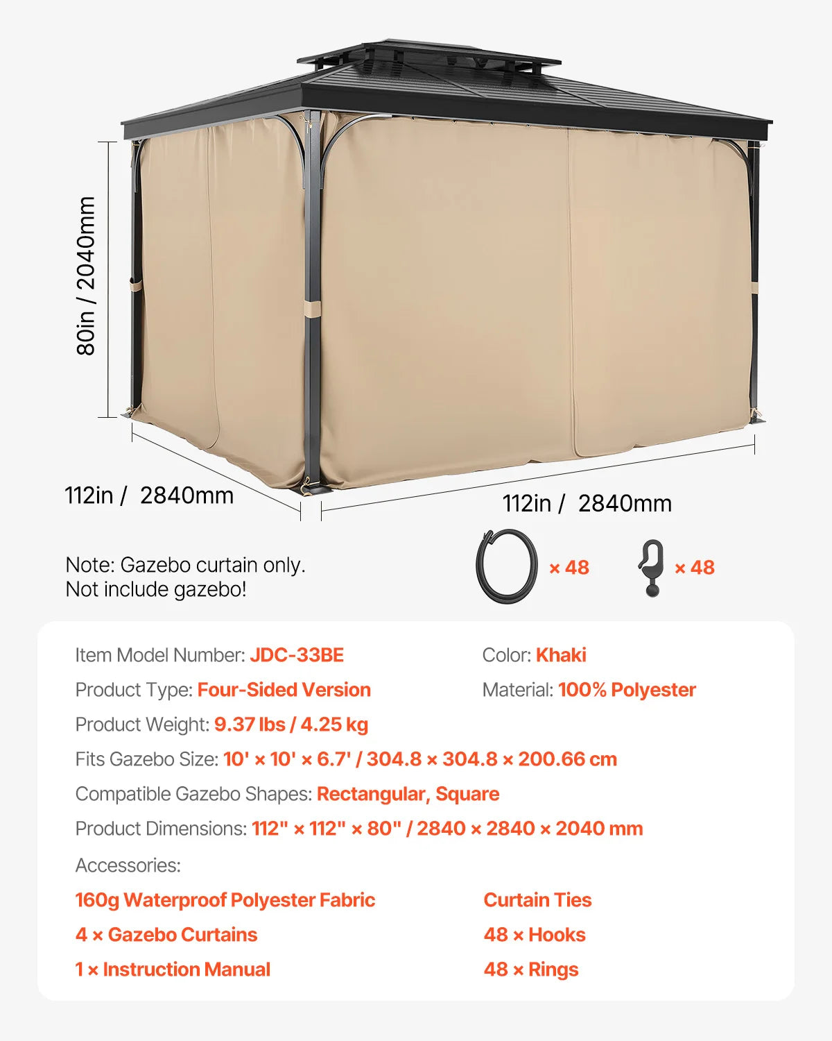 VEVOR Gazebo Privacy Curtains With Zippers Universal Patio Sidewall Replacement