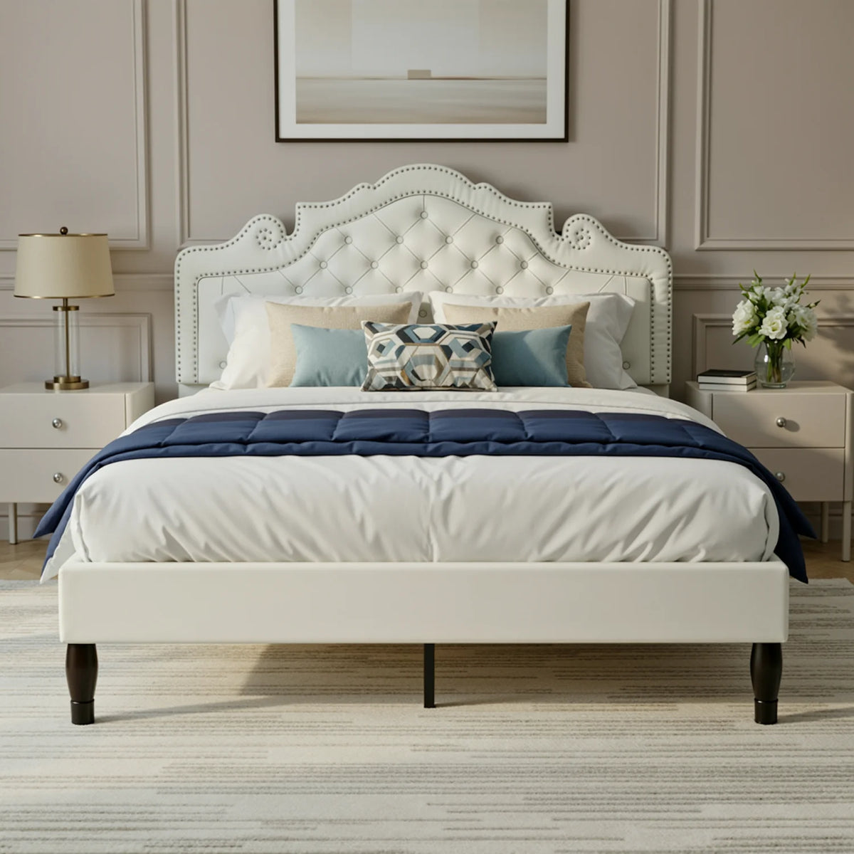 HOOMIC Velvet Platform Bed With Adjustable Diamond Tufted Tiara Headboard
