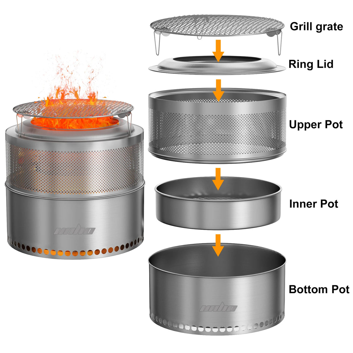 Unho Portable Smokeless Fire Pit Stainless Steel Outdoor Stove