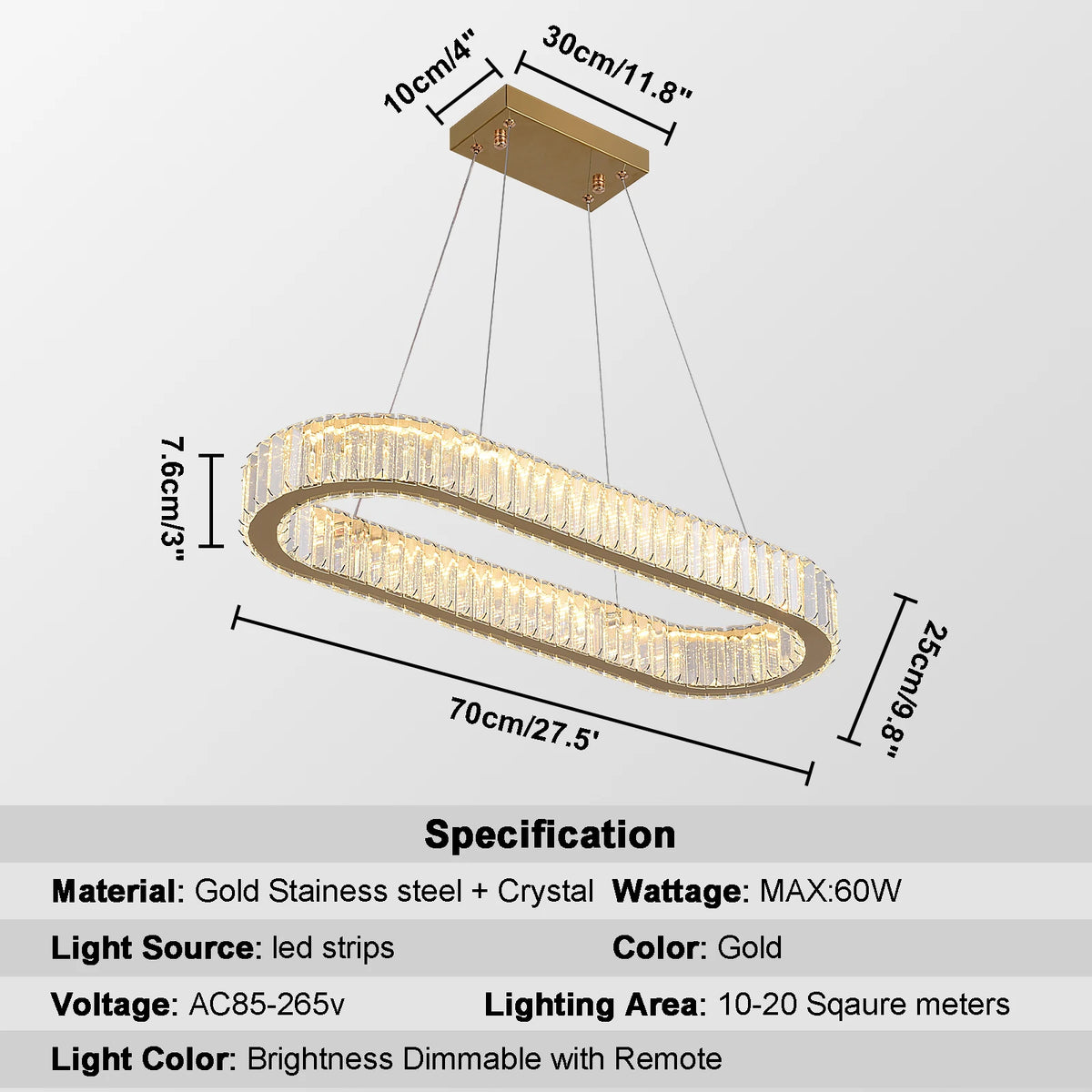 VETRULUS Modern Oval Crystal LED Pendant Chandelier Ceiling Light