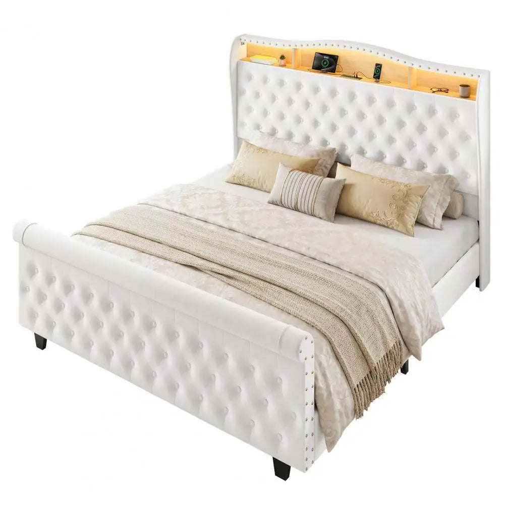 Velvet Upholstered Bed Frame With LED Lights Charging And Storage