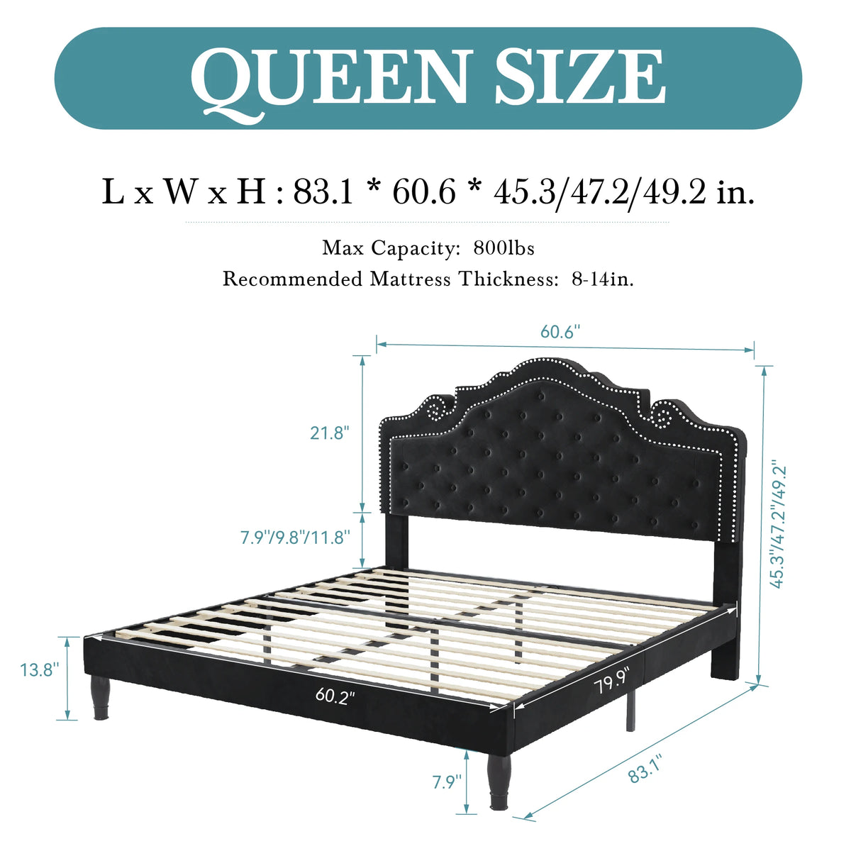 HOOMIC Velvet Platform Bed With Adjustable Diamond Tufted Tiara Headboard