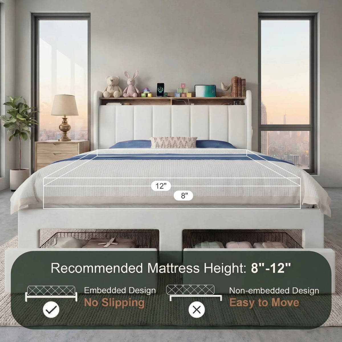HOOMIC Storage Bed Frame With LED Lights And Charging Station