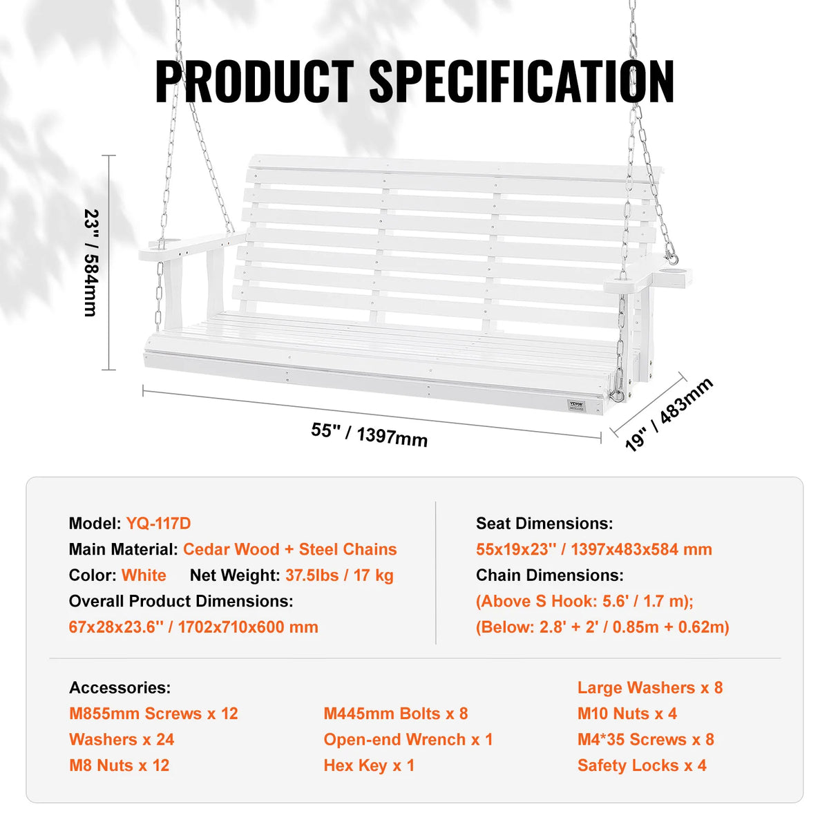 SucceBuy Outdoor Cedar Porch Swing Bench With 880 Pound Capacity