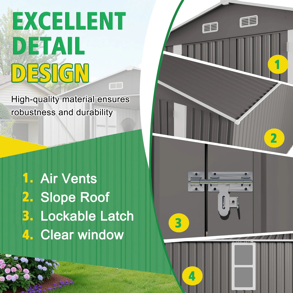 SUSUA Metal Outdoor Storage Shed With Double Doors And Windows