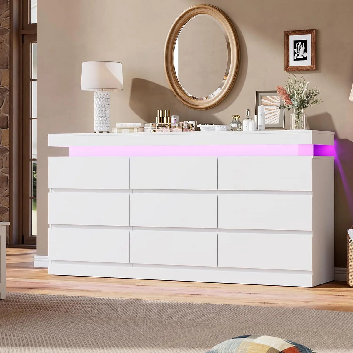 Acekool Nine Drawer Dresser With LED Lights And Charging Station