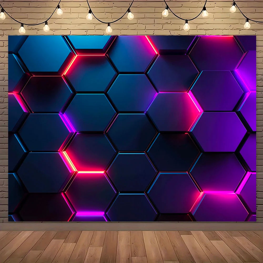 Neon Hexagon Geometric Wall Tapestry Futuristic Gaming Room Decor