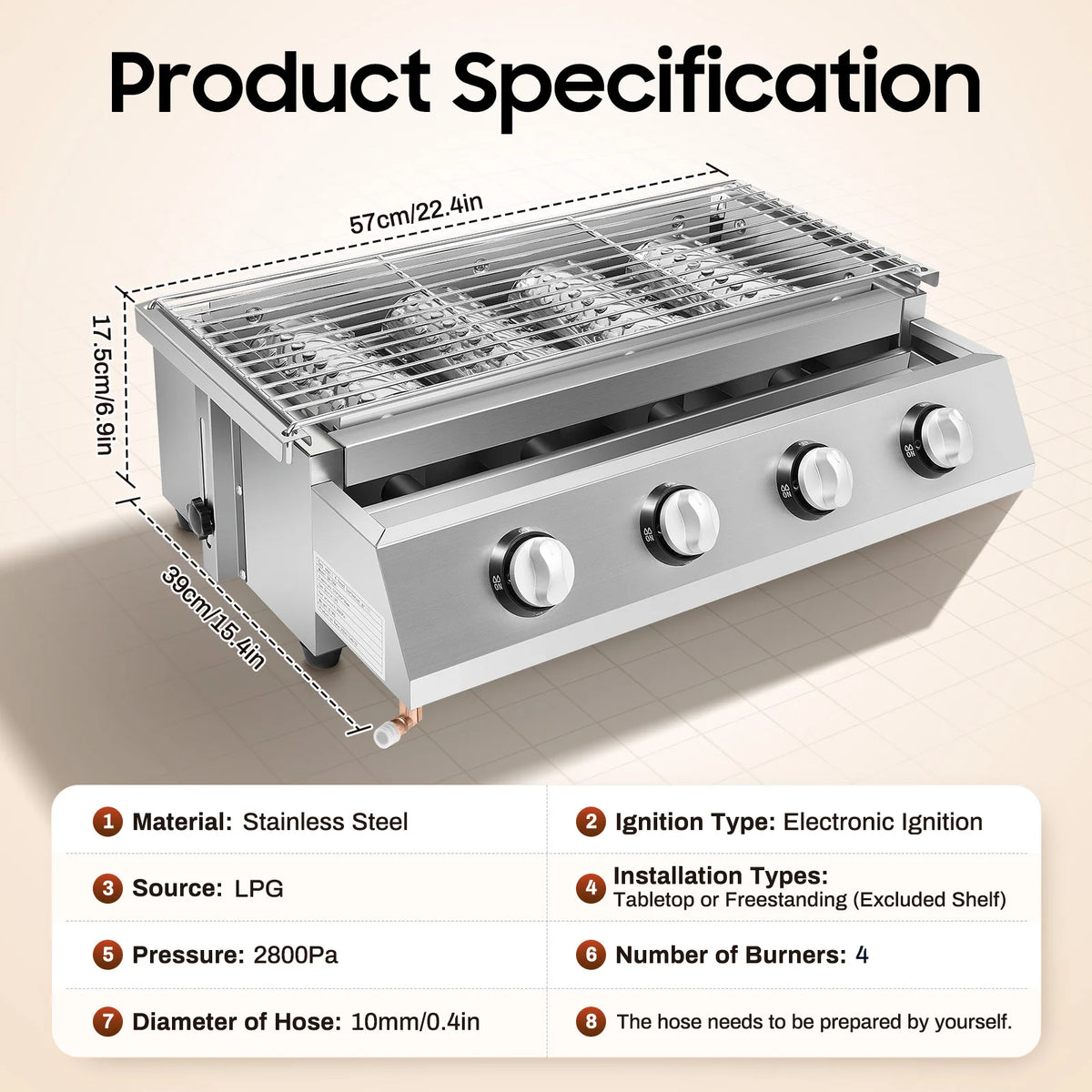 Portable Four Burner Propane Gas Grill With Removable Smokeless Design