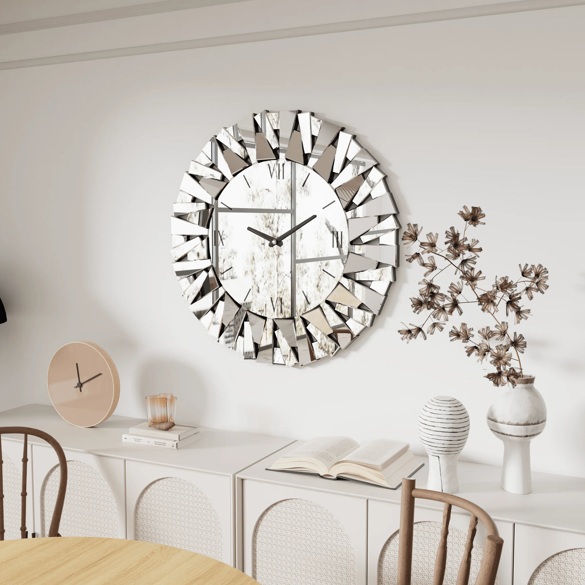 3D Mirrored Sunburst Wall Clock With Roman Numeral Design
