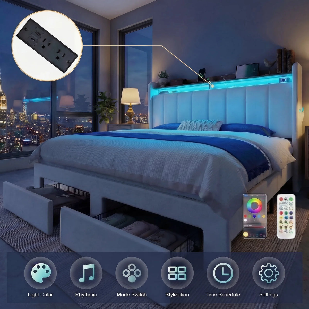 HOOMIC Storage Bed Frame With LED Lights And Charging Station