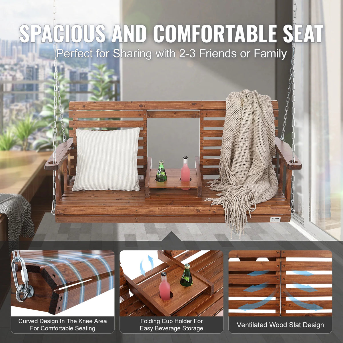 SucceBuy Outdoor Cedar Porch Swing Bench With 880 Pound Capacity