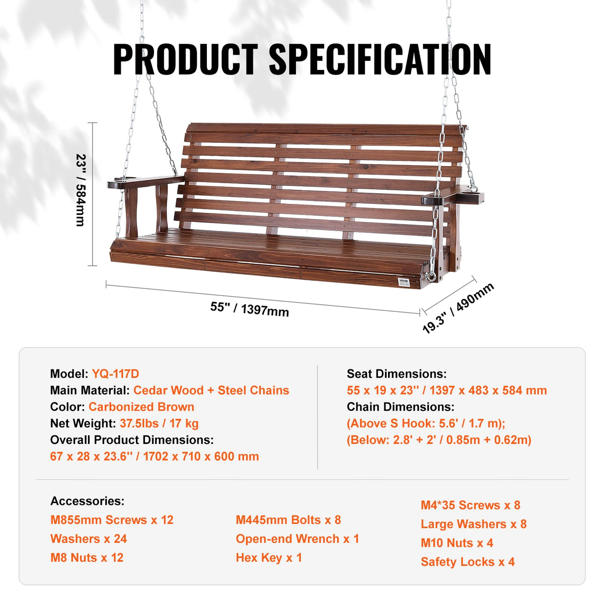 SucceBuy Outdoor Cedar Porch Swing Bench With 880 Pound Capacity