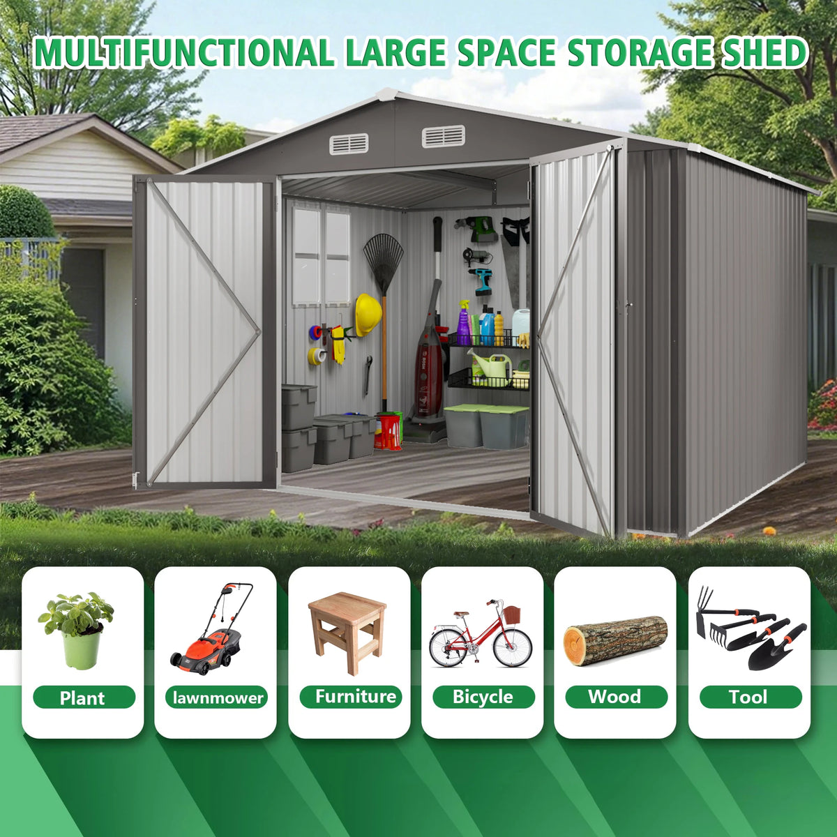 SUSUA Metal Outdoor Storage Shed With Double Doors And Windows