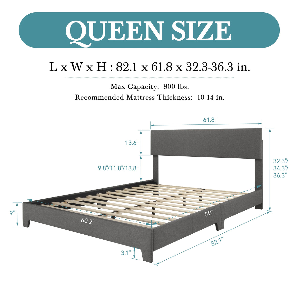 HOOMIC Upholstered Bed Frame With Adjustable Linen Headboard Wood Slats