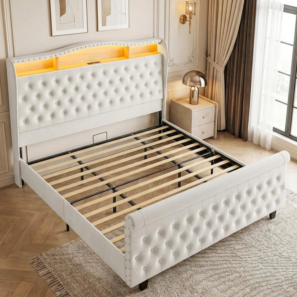 Velvet Upholstered Bed Frame With LED Lights Charging And Storage