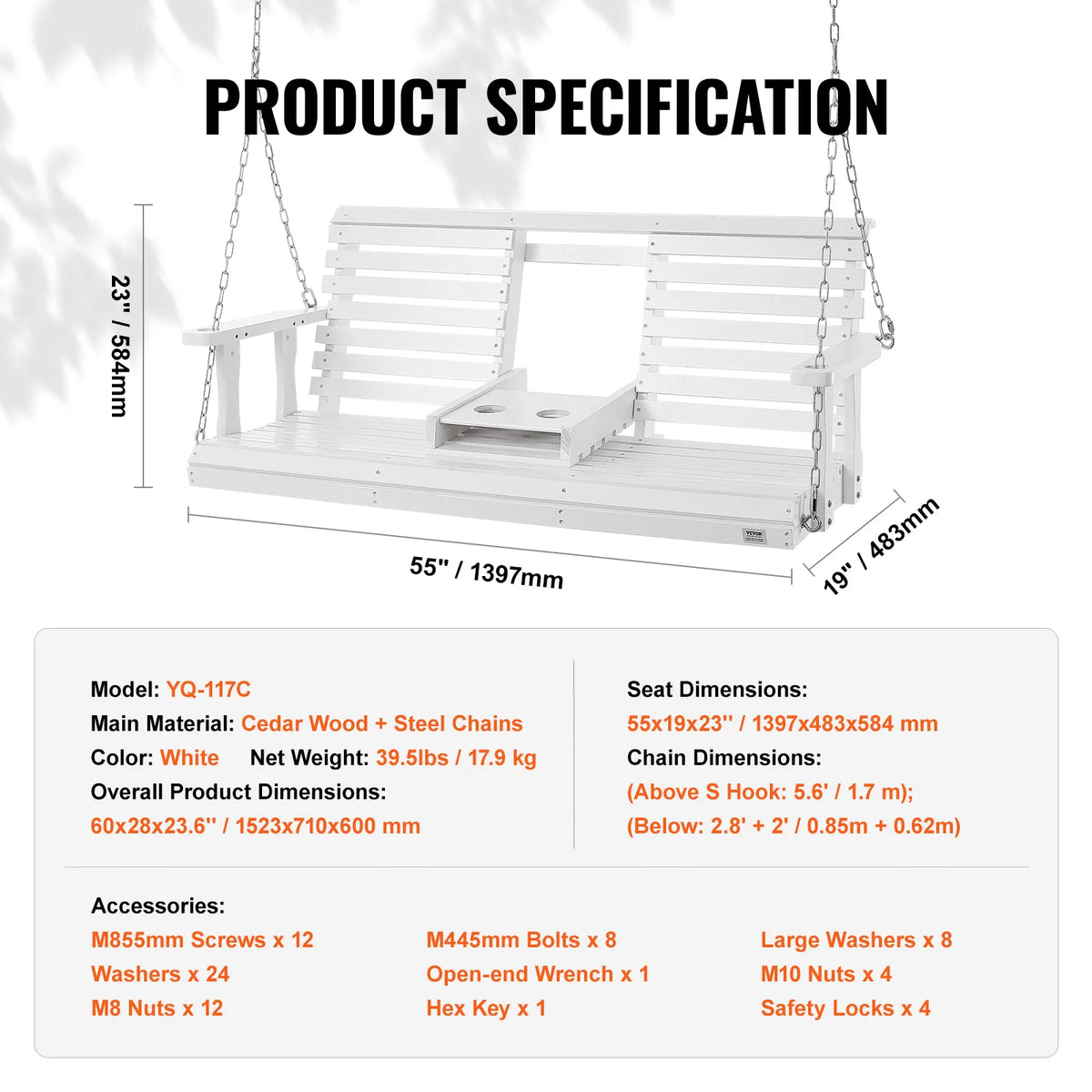 SucceBuy Outdoor Cedar Porch Swing Bench With 880 Pound Capacity