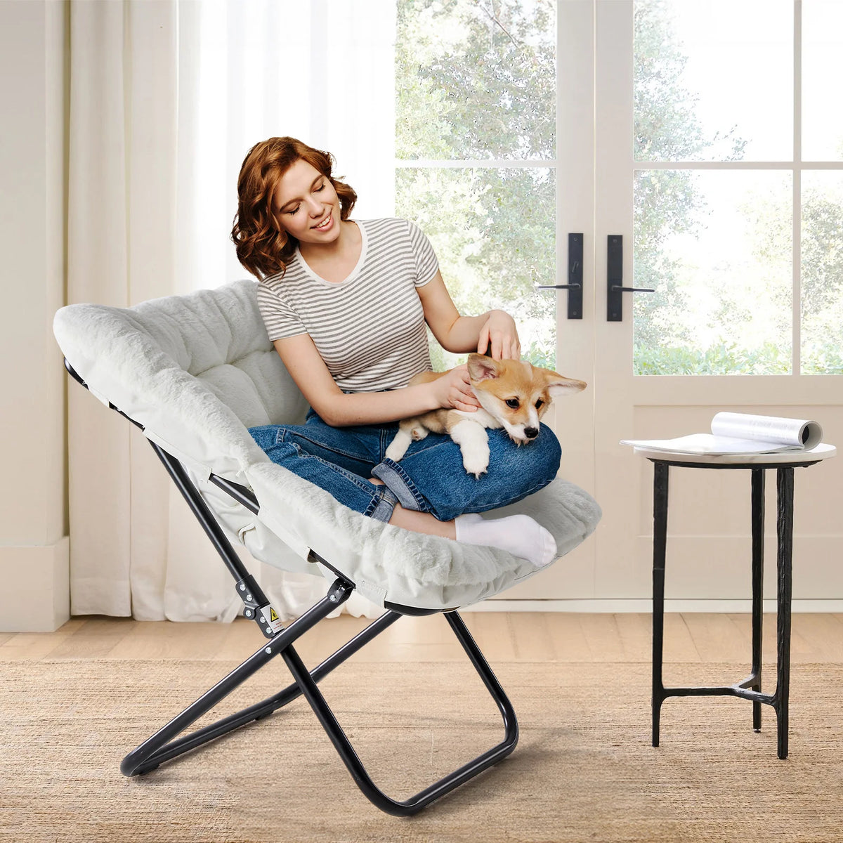 JHK Faux Fur Folding Lounge Chair With Soft Padded Seat